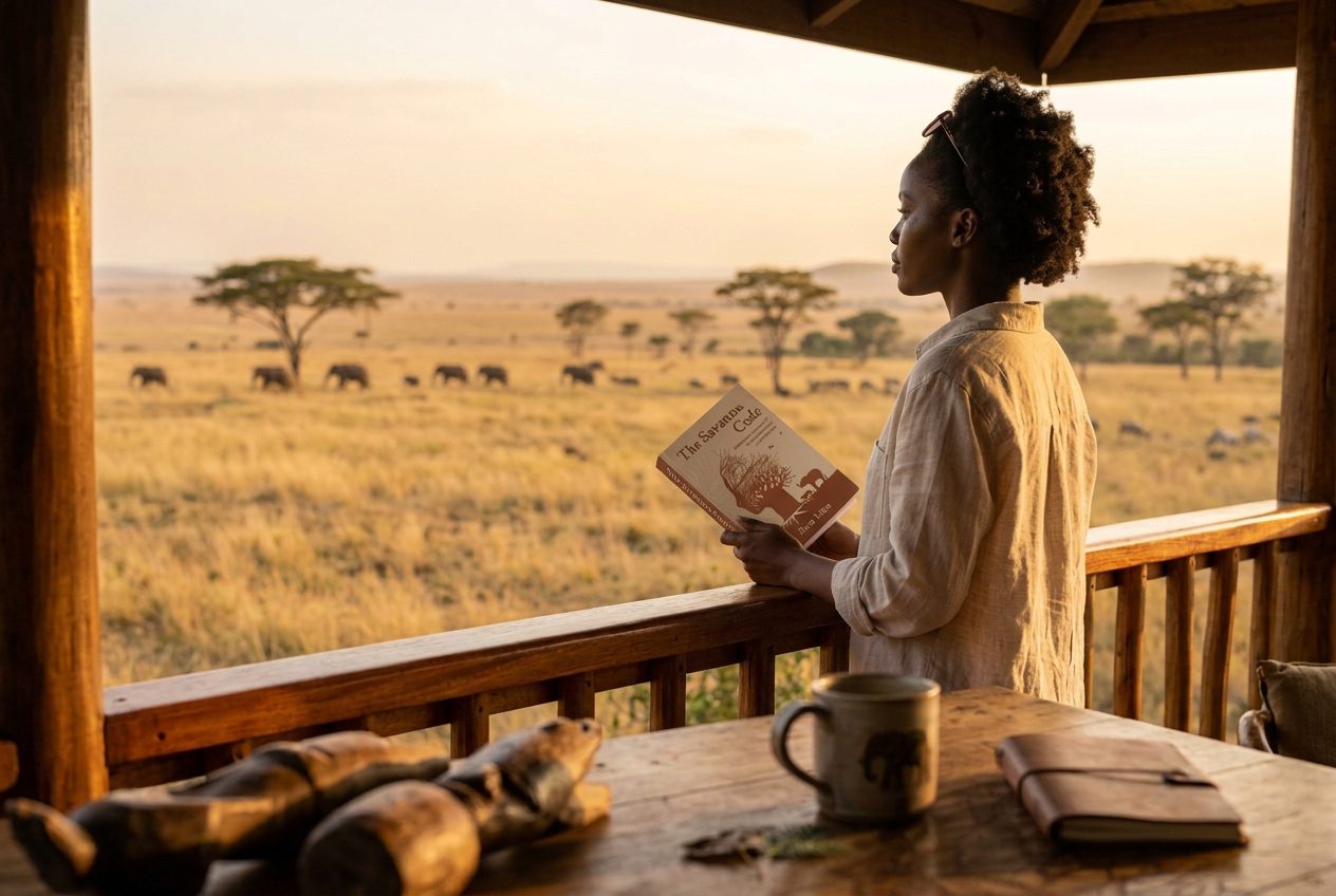 A woman reading The Savanna Code on a veranda